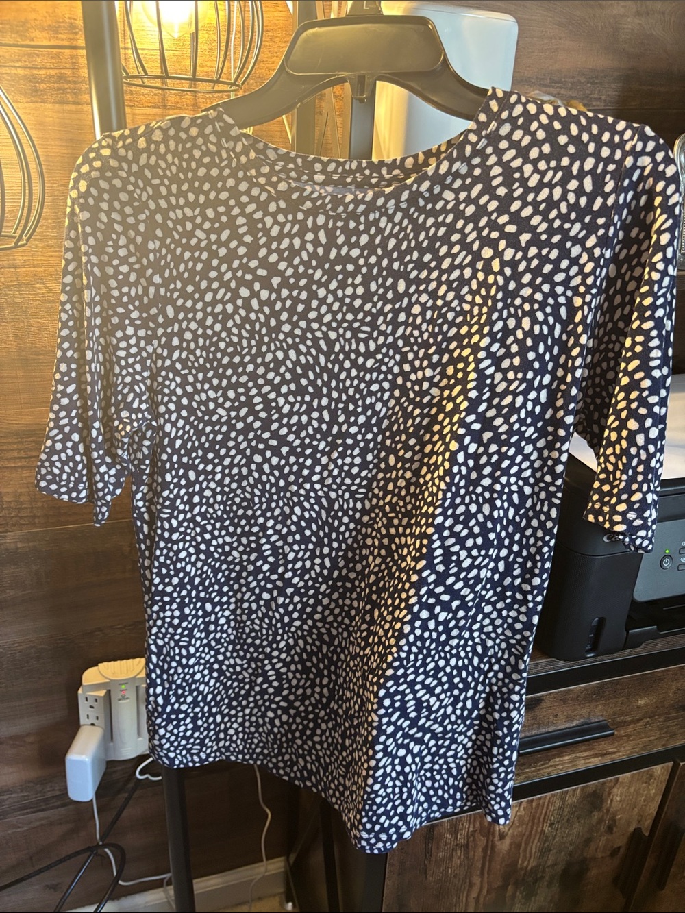 Nine West Navy and White Pebble-Print Short Sleeve Top